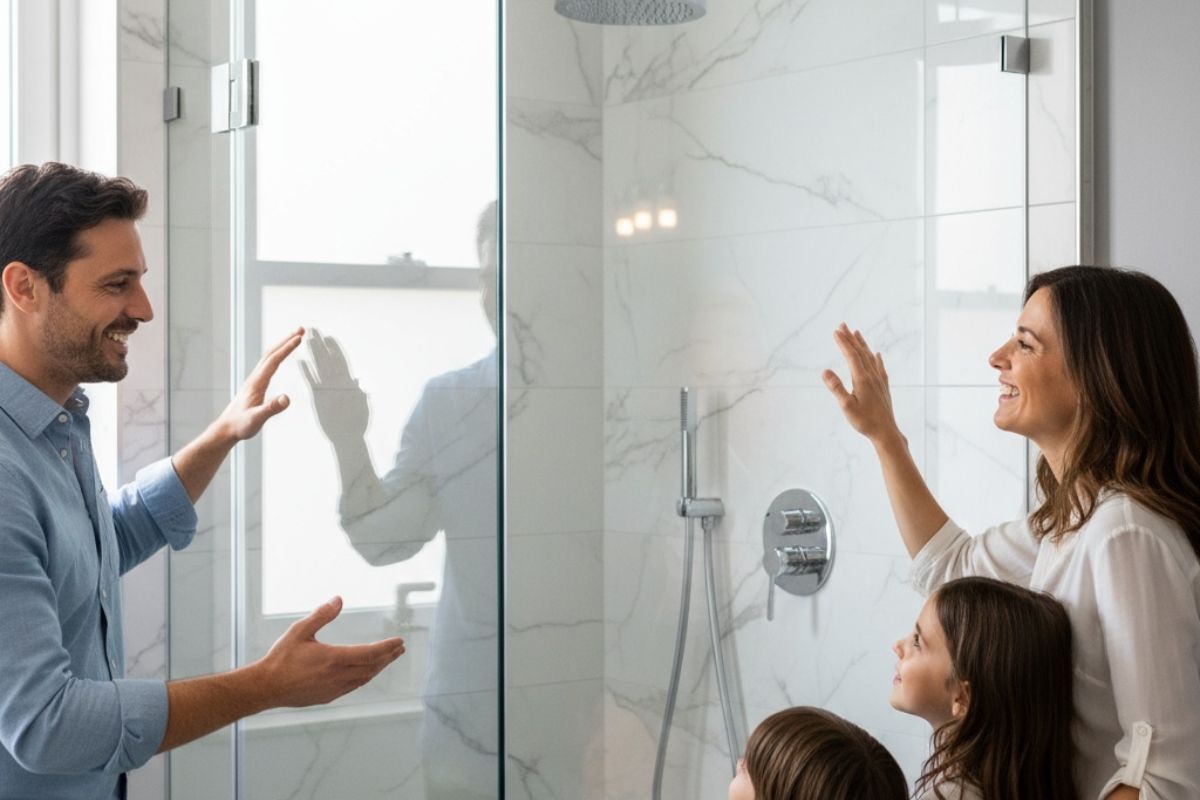 Box doccia vetro trasparente cristallino senza calcare - famiglia italiana ammira soffione cromato splendente