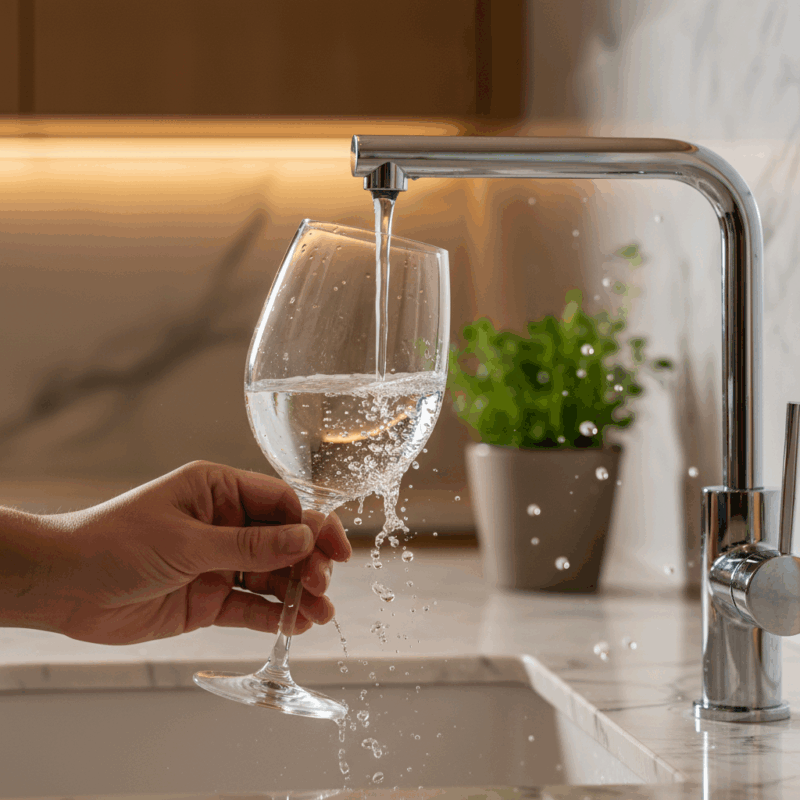 Acqua cristallina pura AcqueDotto dal rubinetto, close-up gocce d'acqua, depuratore certificato Frosinone elimina cloro e impurità, qualità garantita