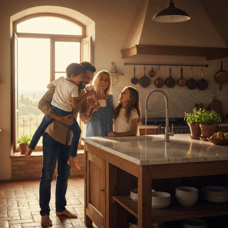 Famiglia italiana felice beve acqua pura AcqueDotto dal rubinetto della cucina, depuratore acqua Frosinone certificato, soluzione completa per casa