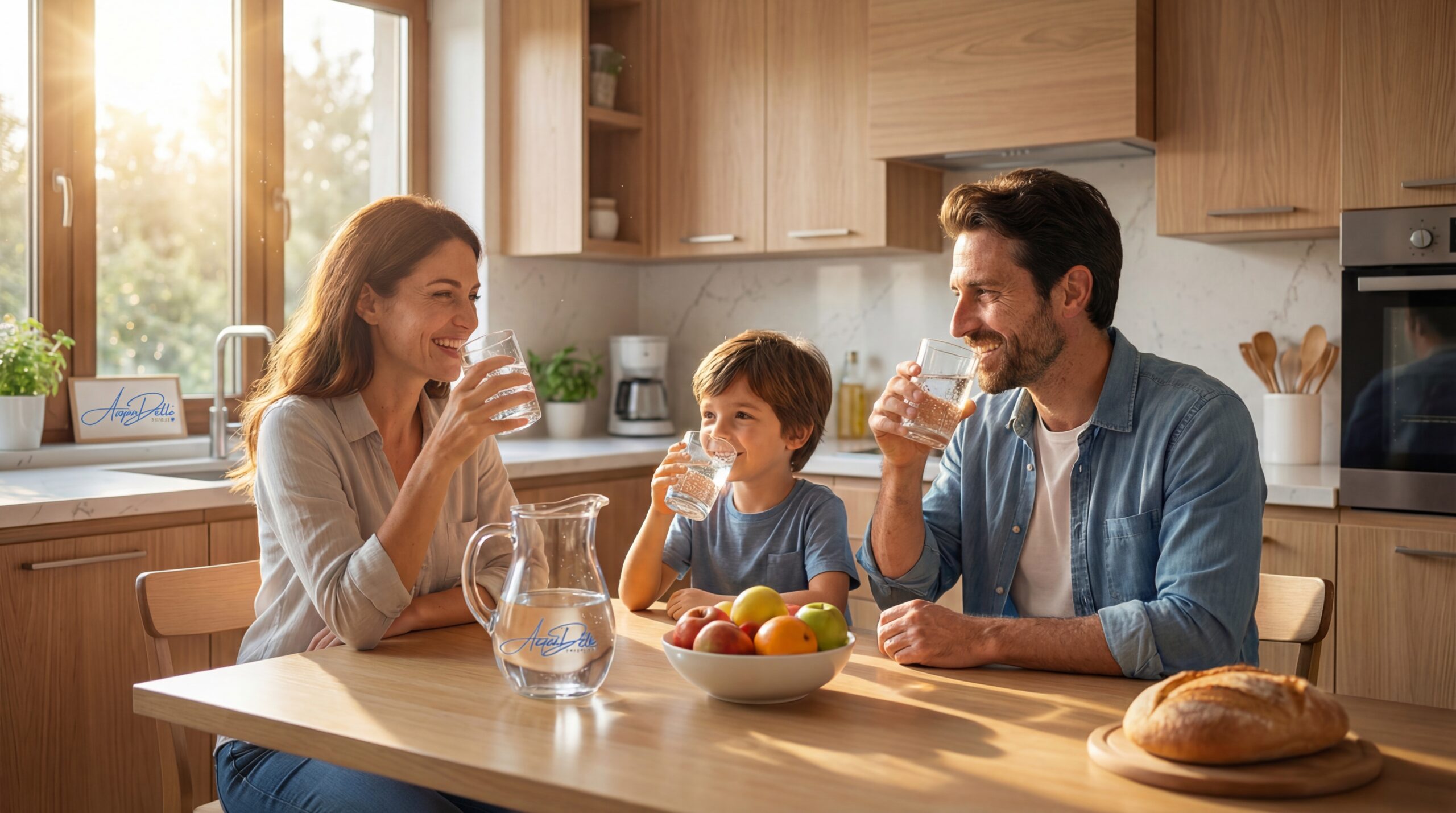 Famiglia che beve acqua sicura dopo trattamento pozzo AcqueDotto Frosinone