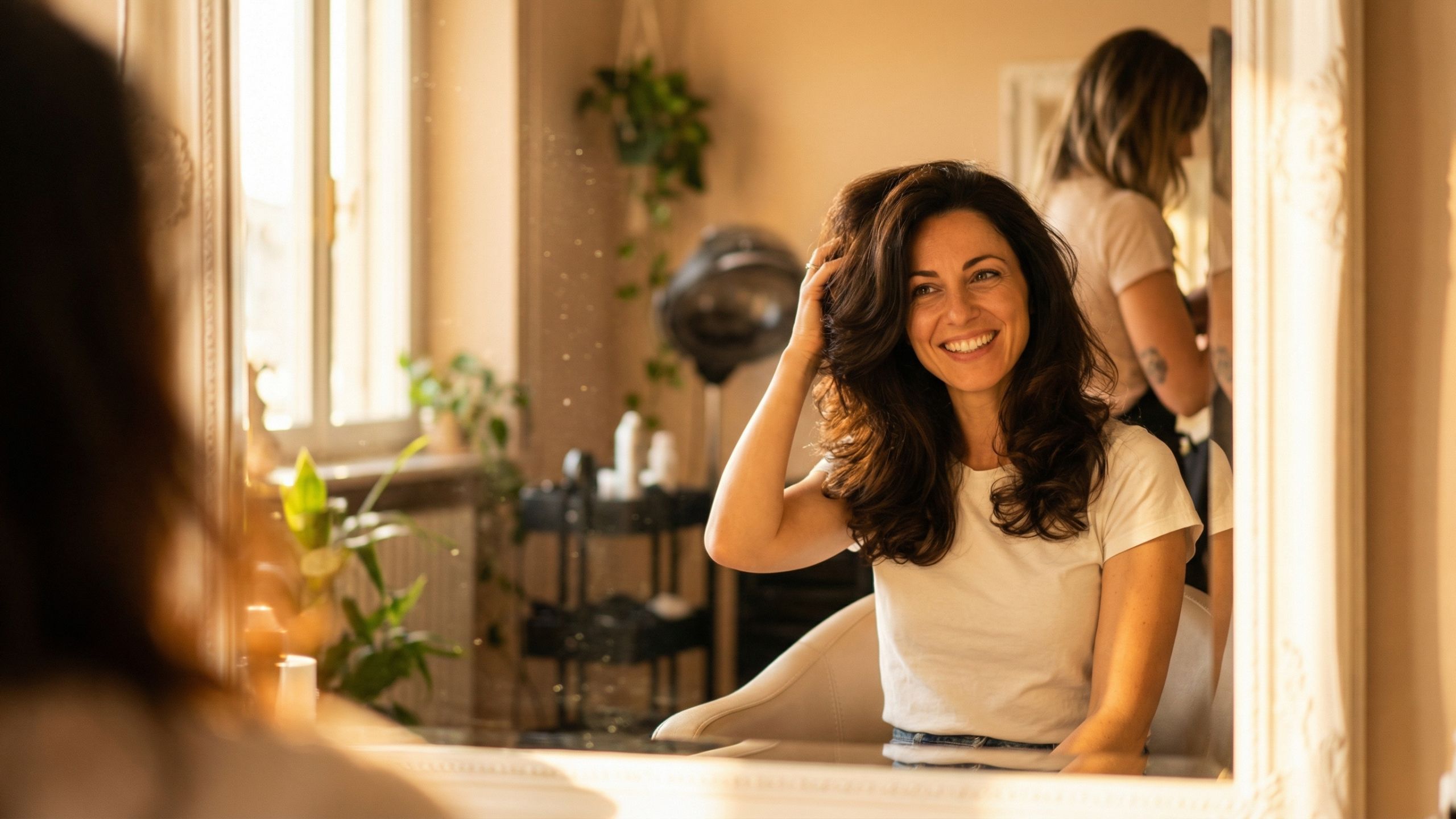 Cliente soddisfatta della piega nel salone professionale
