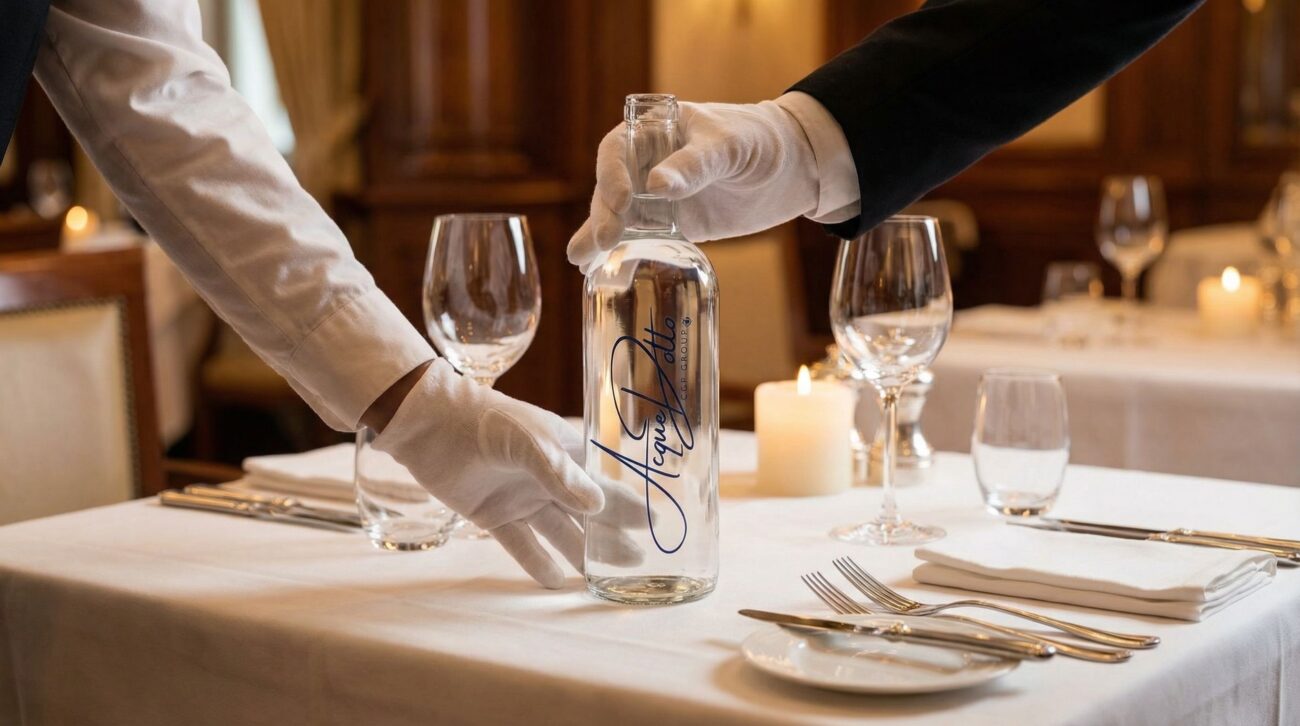 Acqua microfiltrata ristorante bottiglia vetro brandizzata — servizio premium sostenibilità immagine locale