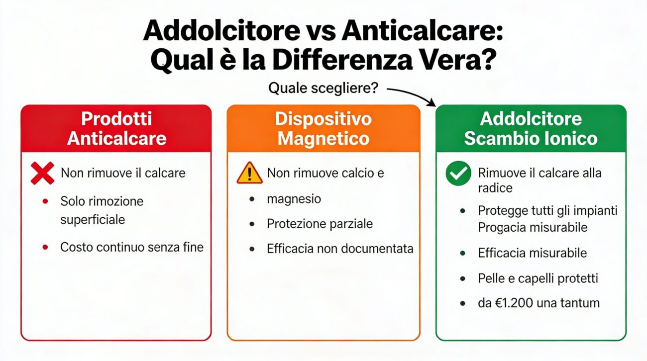 Addolcitore vs anticalcare dispositivo magnetico — confronto efficacia acqua dura casa
