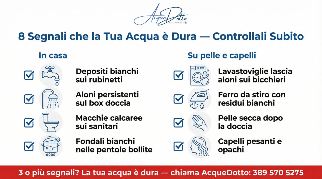 Come riconoscere acqua dura casa — segnali visibili calcare rubinetti doccia sanitari elettrodomestici