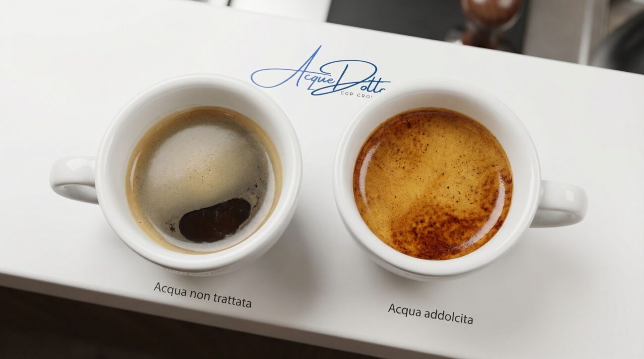 Confronto caffè espresso con acqua dura e acqua addolcita — qualità estrazione bar professionale