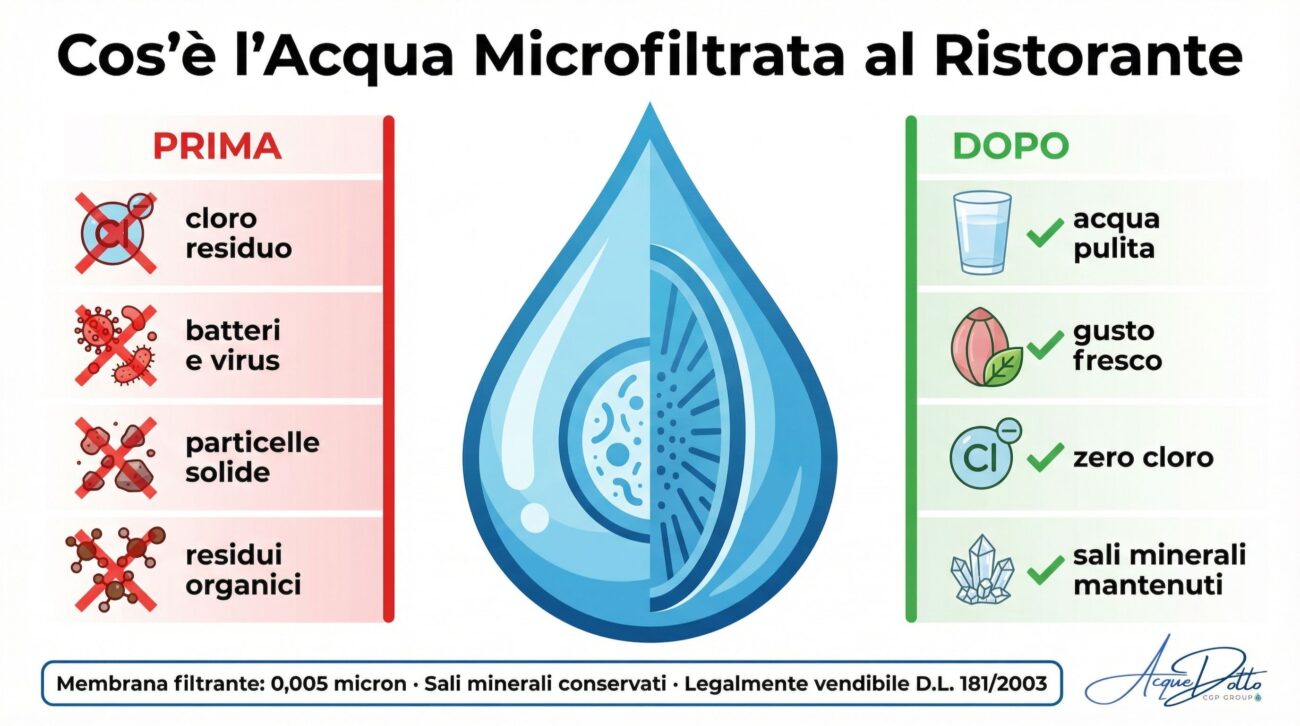 Cos'è l'acqua microfiltrata al ristorante — membrane filtranti 0,005 micron cloro batteri impurità